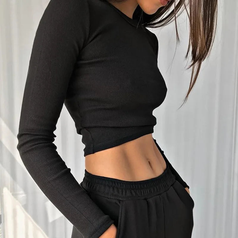 O Neck Manga Longa Camisa Feminina Nervurada Sexy Cropped Tops 2023 Primavera Preto Casual Skinny Slim Básico Mulher Camisetas Brancas