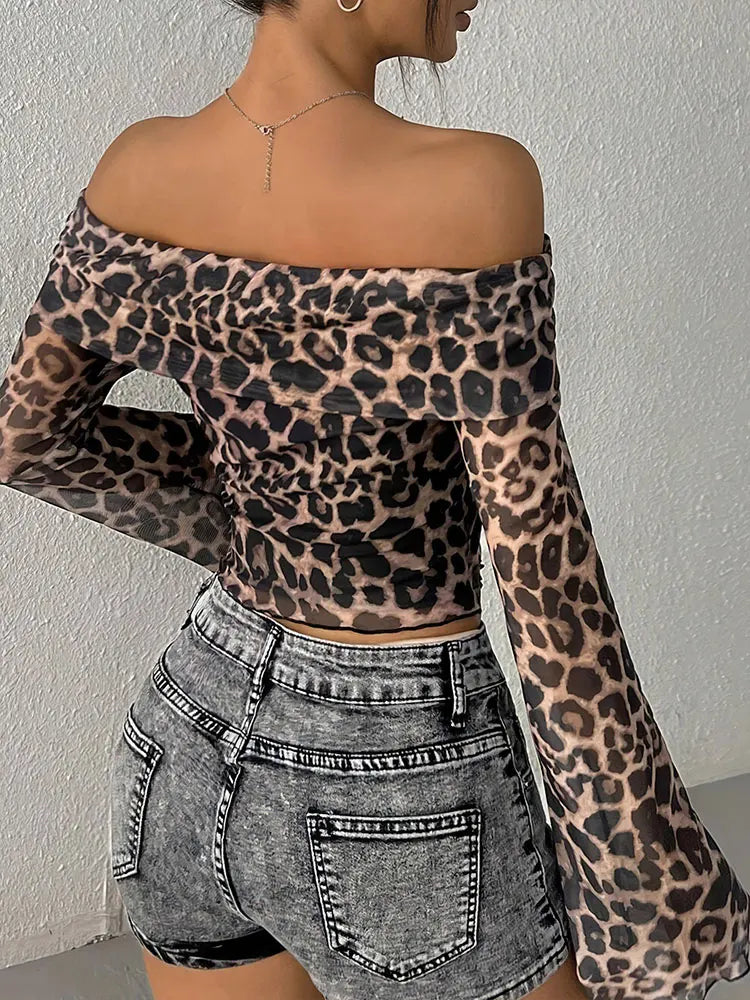 Outono Camiseta Feminina Nova Moda Streetwear Mangas Compridas Gola O Camisetas Sexy Leopardo.