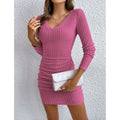 Vestidos Femininos Mia Muse Outono Casual Fitting Slim Simples Manga Longa Decote Em V Mini Bodycon Vestidos Da Moda.