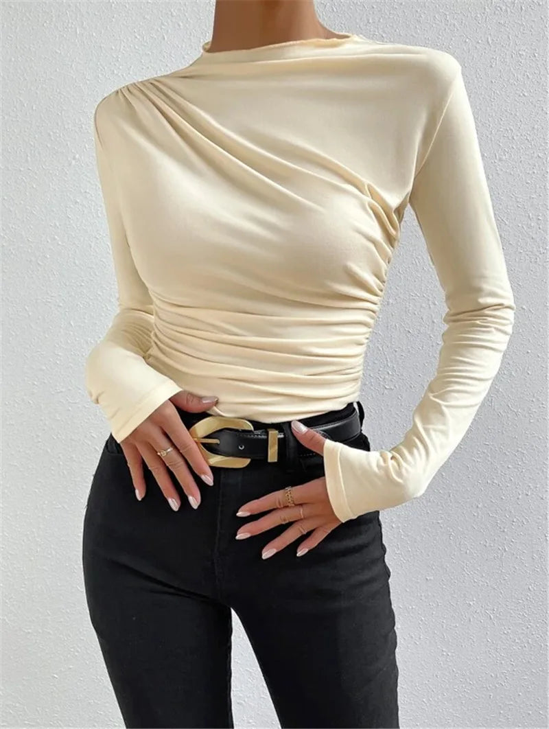 Top de manga comprida feminino y2k 2000s cor sólida camiseta slim elegante.