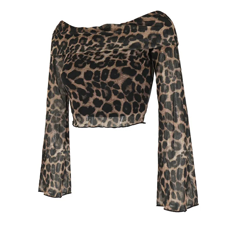 Outono Camiseta Feminina Nova Moda Streetwear Mangas Compridas Gola O Camisetas Sexy Leopardo.