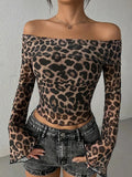 Outono Camiseta Feminina Nova Moda Streetwear Mangas Compridas Gola O Camisetas Sexy Leopardo.