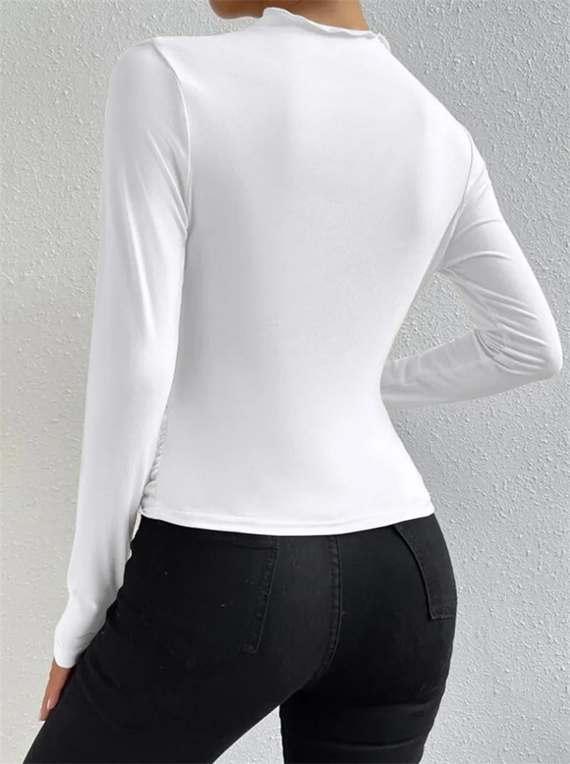 Top de manga comprida feminino y2k 2000s cor sólida camiseta slim elegante.