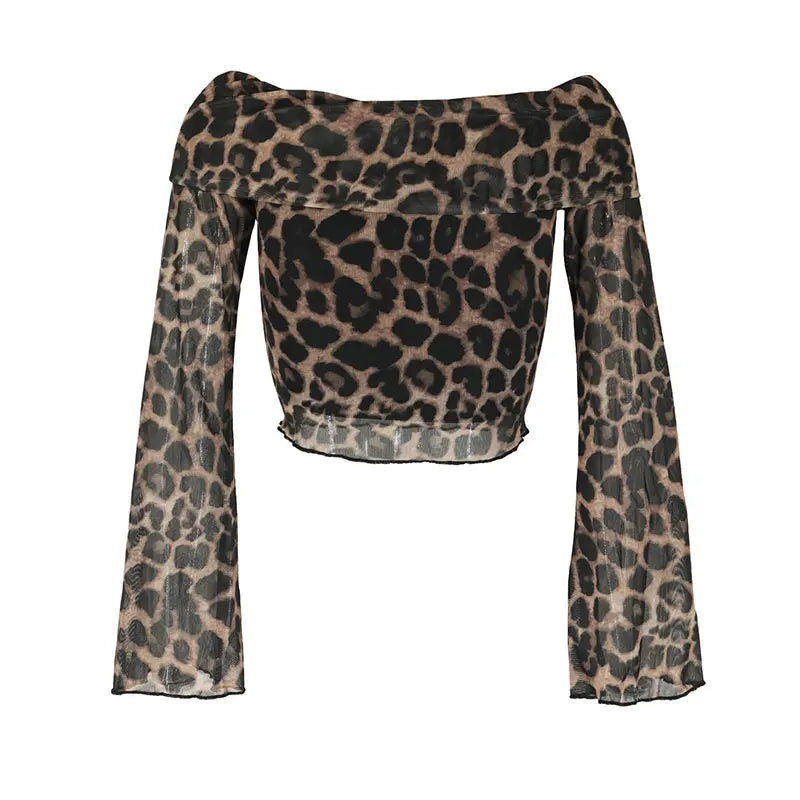 Outono Camiseta Feminina Nova Moda Streetwear Mangas Compridas Gola O Camisetas Sexy Leopardo.