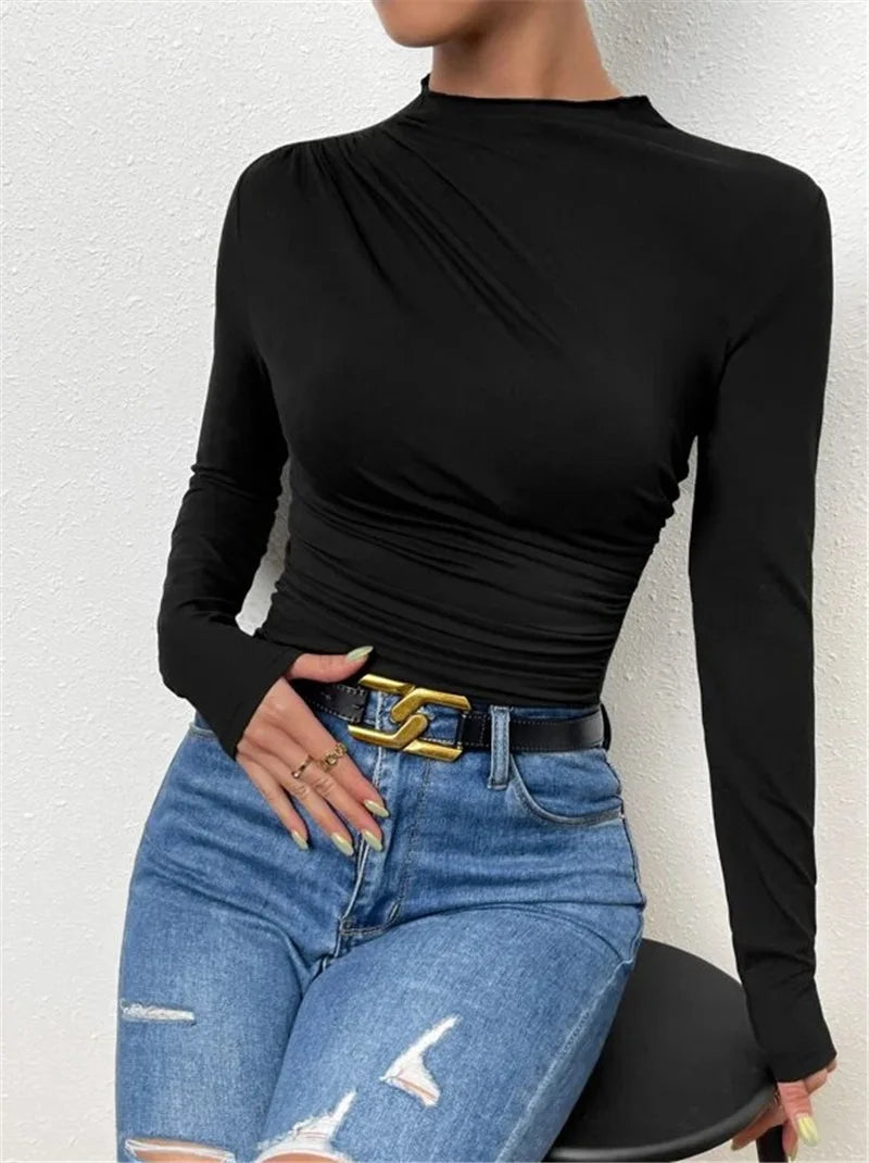 Top de manga comprida feminino y2k 2000s cor sólida camiseta slim elegante.