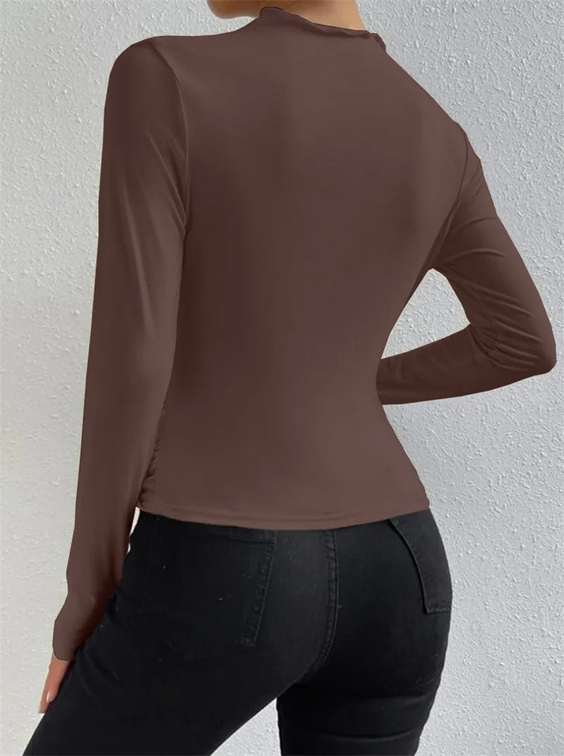 Top de manga comprida feminino y2k 2000s cor sólida camiseta slim elegante.