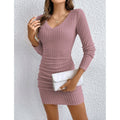 Vestidos Femininos Mia Muse Outono Casual Fitting Slim Simples Manga Longa Decote Em V Mini Bodycon Vestidos Da Moda.