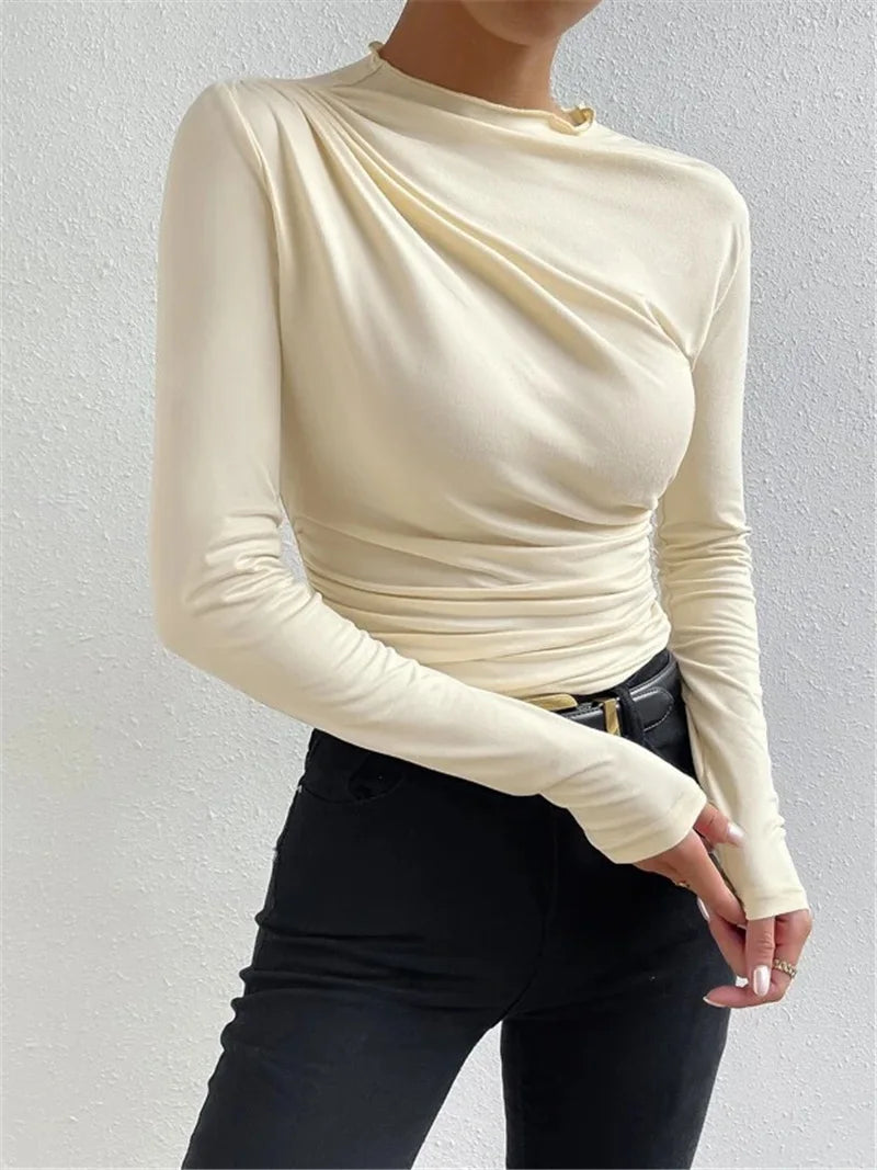 Top de manga comprida feminino y2k 2000s cor sólida camiseta slim elegante.